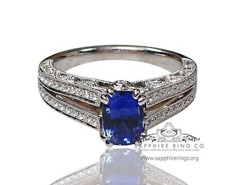 Blue sapphire & Diamond Ring-1.36 ct Cushion Cut Ceylon-GIA Certified