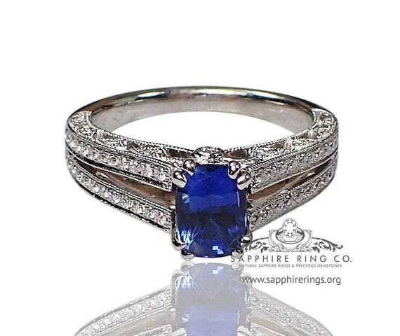 Blue sapphire & Diamond Ring-1.36 ct Cushion Cut Ceylon-GIA Certified