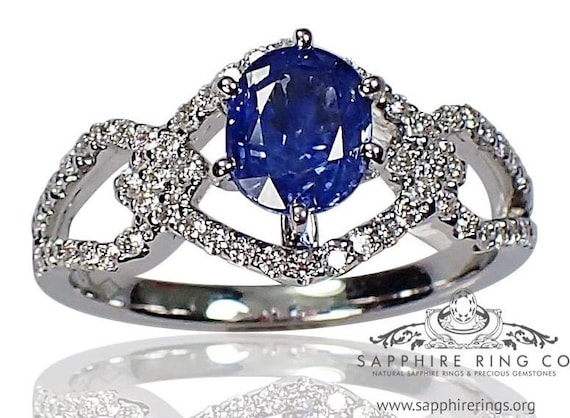 Blue Sapphire & Diamond ring-1.07 ct Oval Cut Ceylon Sapphire 3.80 grams -18kt White Gold Ring