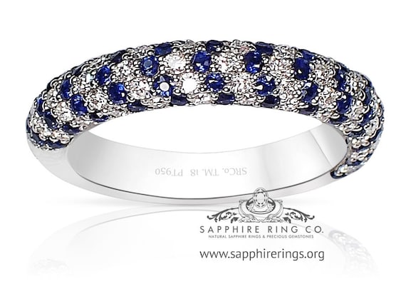 Custom Made Blue Sapphire Wedding band 1.44 tcw -68 Round brilliant cut diamonds