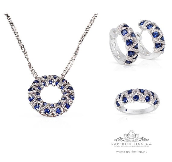 Natural Sapphire Jewelry Set, Necklace, Earrings,  Sapphire & diamond Band 5.91 tcw