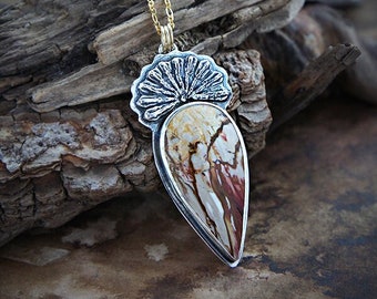 Palm Root Agate Silver Pendant, Gold Plated Silver Necklace, Tear Shape Pendant, Elvish Pendant, Natural Gemstone Necklace, Unique Gift