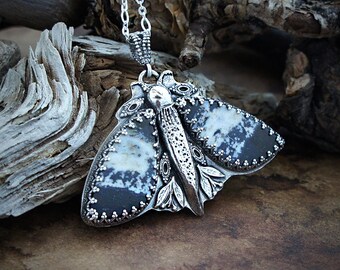 Silver moth pendant with opalized petrified wood, butterfly pendant, unique hand carved necklace for her