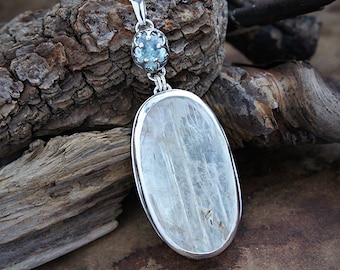 Kunzite Silver Pendant, Aquamarine Necklace, Oval Shape Pendant, Elvish Pendant, Natural Gemstone Necklace, Unique Woman Gift