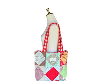 Large Vintage Quilt Tote Bag | Patchwork Market Tote | Picnic Bag | Handmade Upcycled Quilt Purse | One of a Kind Carryall