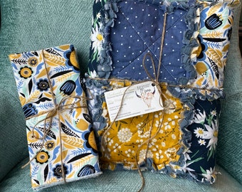 Patchwork rag quilt and Burp Rag Set - Navy and Mustard Floral  - navy dusty blue and yellow - ready to ship - baby shower gift