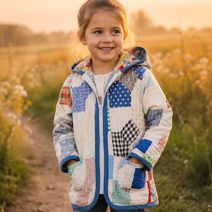 May include: A hooded jacket constructed from a patchwork of various fabric squares in shades of blue, white, red, and black, featuring a front zipper closure, two front pockets, and blue trim along the edges, worn over a light shirt and blue jeans.