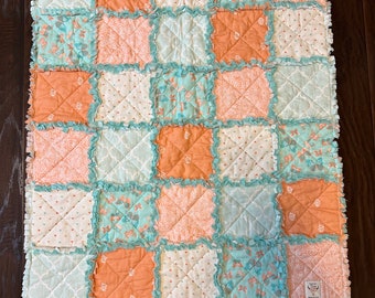 Ready to ship Baby girls stroller size rag style quilt - peach and mint - butterflies