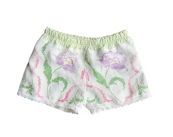 Vintage Linen Toddler Shorts 3T 4T | Handmade Cottagecore Girls Shorts | Pastel Floral Embroidered Bloomers | Upcycled Vintage Linens | Lace