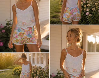 Vintage Cotton Pajama Set XS | Handmade Embroidered Crop Tank & Floral Lounge Shorts | Cottagecore Sleep Set | Upcycled Vintage Linens