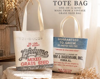 Vintage Seed Sack Tote Bag | Farmhouse Market Bag | Upcycled Grass Seed Bag Purse | One of a Kind Vintage Tote