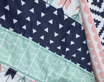 Baby girls Modern Geometric crib quilt - pink, navy, mint and white  - minky - ready to ship