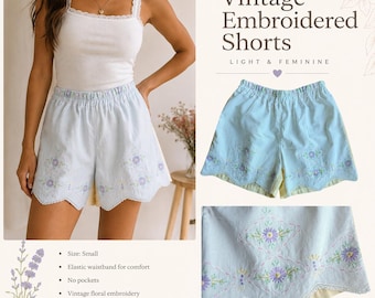 Vintage Embroidered Linen Shorts | Women's Small | Cottagecore Summer Shorts | One of a Kind Handmade Upcycled Clothing