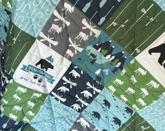 Baby boys modern woodland crib quilt - navy, gray, blue, Kelly green and white  - flannel - ready to ship