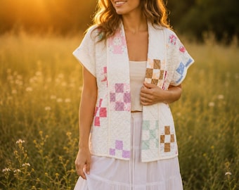 Handmade Quilt Jacket XS | Vintage Quilt Coat | Short Sleeve Coatigan | Patchwork Quilted Cardigan | Lightweight Spring Jacket