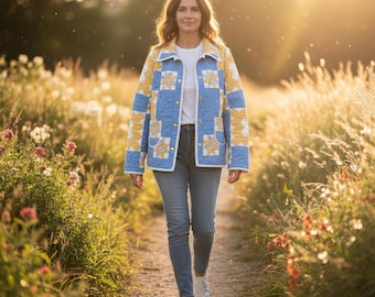 Vintage Quilt Jacket | Handmade Patchwork Chore Coat | Women’s Medium | Blue & Yellow Floral Quilted Jacket | Cottagecore Statement Piece