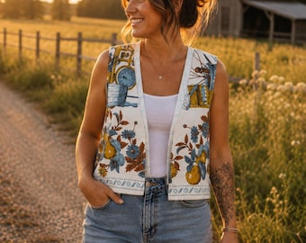 Vintage County Fair Vest Women’s Small/Med | Upcycled Linen Vest | Farmhouse Rooster Vest | Cottagecore Layering Vest | One of a Kind