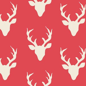 May include: A repeating pattern of white deer silhouettes with antlers on a red background.