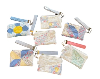 Vintage Quilt Keychain Wallet with Wristlet | 4x6 Zipper Pouch | Floral Coin Purse | Small Card Holder | Handmade Gift for Her