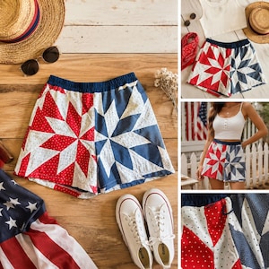 May include: Red, white, and blue star-patterned shorts with a navy blue waistband. The shorts are made of a patchwork design and are displayed with a straw hat, sunglasses, and white sneakers. The shorts are a patriotic theme.