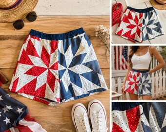 Handmade Americana Quilt Shorts | High Waisted Patchwork Shorts | Red White Blue Summer Shorts | Fully Lined Cotton Shorts | Patriotic Cloth