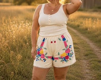 Vintage Table Linen Lounge Shorts | Handmade Cottagecore Shorts | Lace Trim Elastic Waist Shorts | One of a Kind Women’s XL | Farmhouse Summ