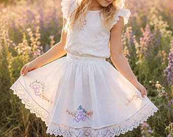 Vintage Linen Circle Skirt for Girls Size 8/10 | Handmade Embroidered Twirl Skirt | Cottagecore Lace Hem Skirt | Prairie Style Girls Clothes