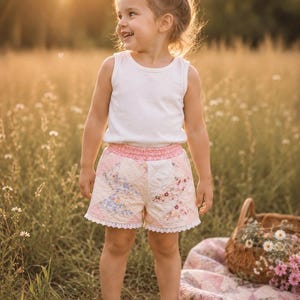 May include: A white sleeveless tank top paired with quilted shorts featuring a patchwork floral pattern in shades of pink, yellow, and blue. The shorts have an elastic waistband and a delicate white lace trim along the bottom hemline.