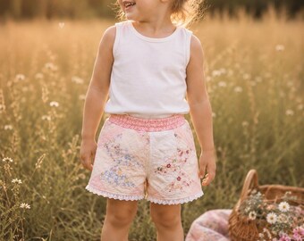 Girls Vintage Quilt Shorts Size 3T, Handmade Quilted Shorts, Pink Patchwork Toddler Shorts, Lace Trim Shorts, Upcycled Vintage Quilt Clothin