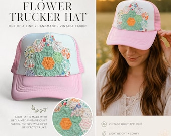 Vintage Quilt Flower Trucker Hat | One of a Kind Handmade Patchwork Hat | Cottagecore Baseball Cap | Reclaimed Vintage Quilt | Pink Mesh Hat