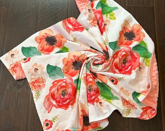 Splashy watercolor floral blanket with minky back by