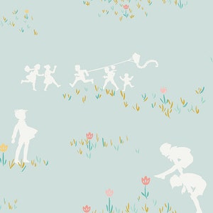 May include: Silhouettes of children playing in a field with a kite, surrounded by small pink and yellow flowers on a light blue background.