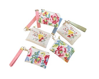 Vintage Linen Keychain Wallet with Wristlet | 4x6 Zipper Pouch | Floral Coin Purse | Small Card Holder | Handmade Gift for Her