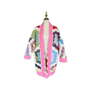 Vintage Grandmother’s Flower Garden Quilt Coat Duster | Handmade Patchwork Quilted Jacket | Cottagecore Boho Coat | Pink Floral Lined Quilt