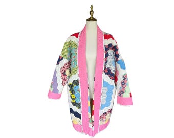 Vintage Grandmother’s Flower Garden Quilt Coat Duster | Handmade Patchwork Quilted Jacket | Cottagecore Boho Coat | Small Medium