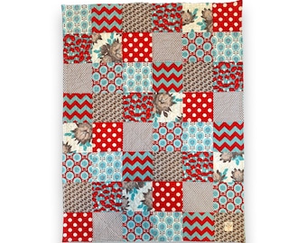 Baby Girls Red and Aqua rag quilt - crib size -Modern Florals - ready to ship