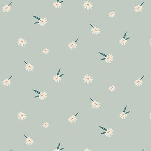 May include: A seamless pattern featuring white daisies with orange centers on a light blue background. The daisies are scattered randomly and have a simple, hand-drawn style.