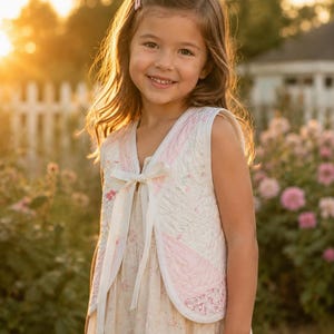 May include: A young person wearing a white and pink quilted vest over a floral print dress. The vest has a bow closure and pink floral accents. The background features a white picket fence, flowers, and a soft, golden light.