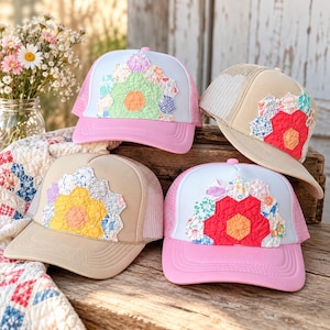 Vintage Quilt Flower Trucker Hat | One of a Kind Handmade Patchwork Hat | Cottagecore Baseball Cap | Reclaimed Vintage Quilt | Pink Mesh Hat