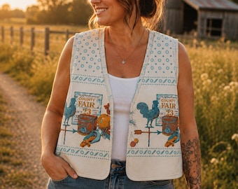 Vintage County Fair Vest Women’s L XL | Upcycled Linen Vest | Farmhouse Rooster Vest | Cottagecore Layering Vest | One of a Kind