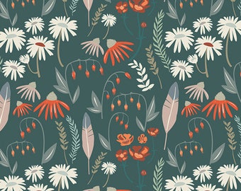 Wild Gathering from Campsite Collection by Art Gallery - Yardage - Woodland - Floral - Green - Forest Green - Camping - Peach
