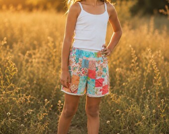 Girls Patchwork Quilt Shorts Size 8/10 | Handmade Vintage Quilt Shorts | Cottagecore Summer Shorts for Girls