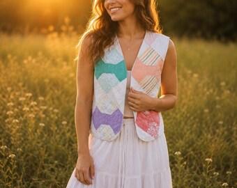 Vintage Quilt Vest | Bow Tie Quilt Vest | Upcycled Patchwork Vest | Handmade Quilted Vest | Cottagecore Layering Piece | Small Medium