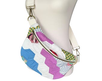 Vintage Quilt Fanny Pack | Hexie Quilt Crossbody Bag | Upcycled Patchwork Belt Bag | Adjustable Strap | Handmade Boho Hip Bag Free Shipping