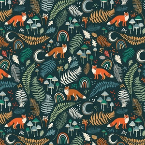 May include: A seamless pattern featuring foxes, mushrooms, ferns, and rainbows on a dark green background. The pattern is perfect for fabric, wallpaper, or wrapping paper.