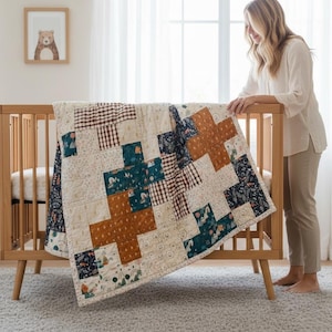 Woodland Animal patchwork quilt done in cross pattern - Neutral colors - ready to ship