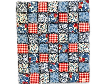 Oversized crib quilt -  red white and blue floral