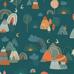 May include: A teal blue background with a repeating pattern of colorful mountains, rainbows, suns, and clouds. The mountains are in shades of orange, brown, and green. The rainbows are in shades of pink, yellow, and blue. The suns are in shades of yellow and orange. The clouds are in shades of blue and white.