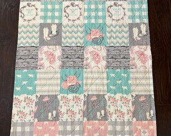 Baby girls Dream Big Little Cowgirl crib quilt - pink and aqua - ready to ship