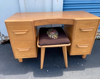 Vintage Art Deco Mcm Heywood  Wakefield Vanity Table w Stool